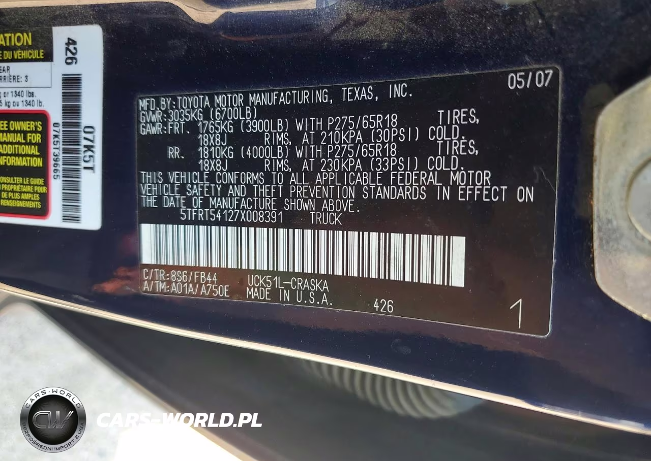 2007 Toyota Tundra Sr5 VIN:5TFRT54127X008391 - 12