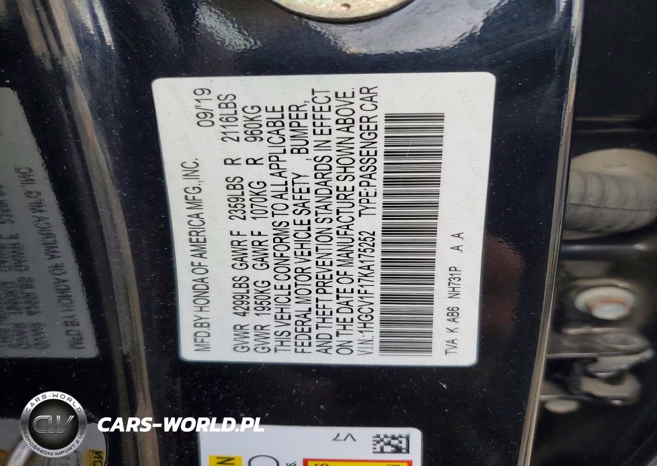 2019 Honda Accord Lx VIN:1HGCV1F17KA175252 - 12