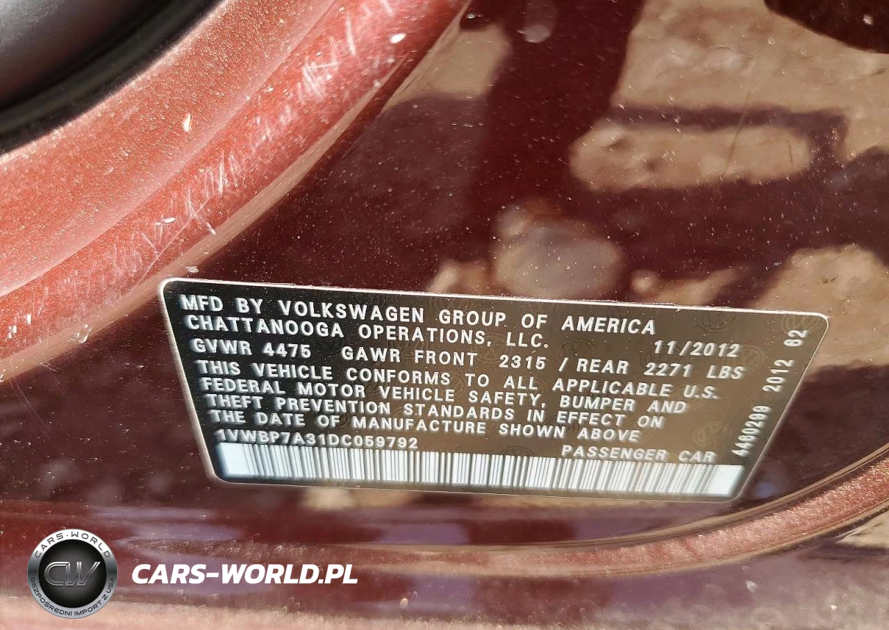 2013 Volkswagen Passat Se VIN:1VWBP7A31DC059792 - 12