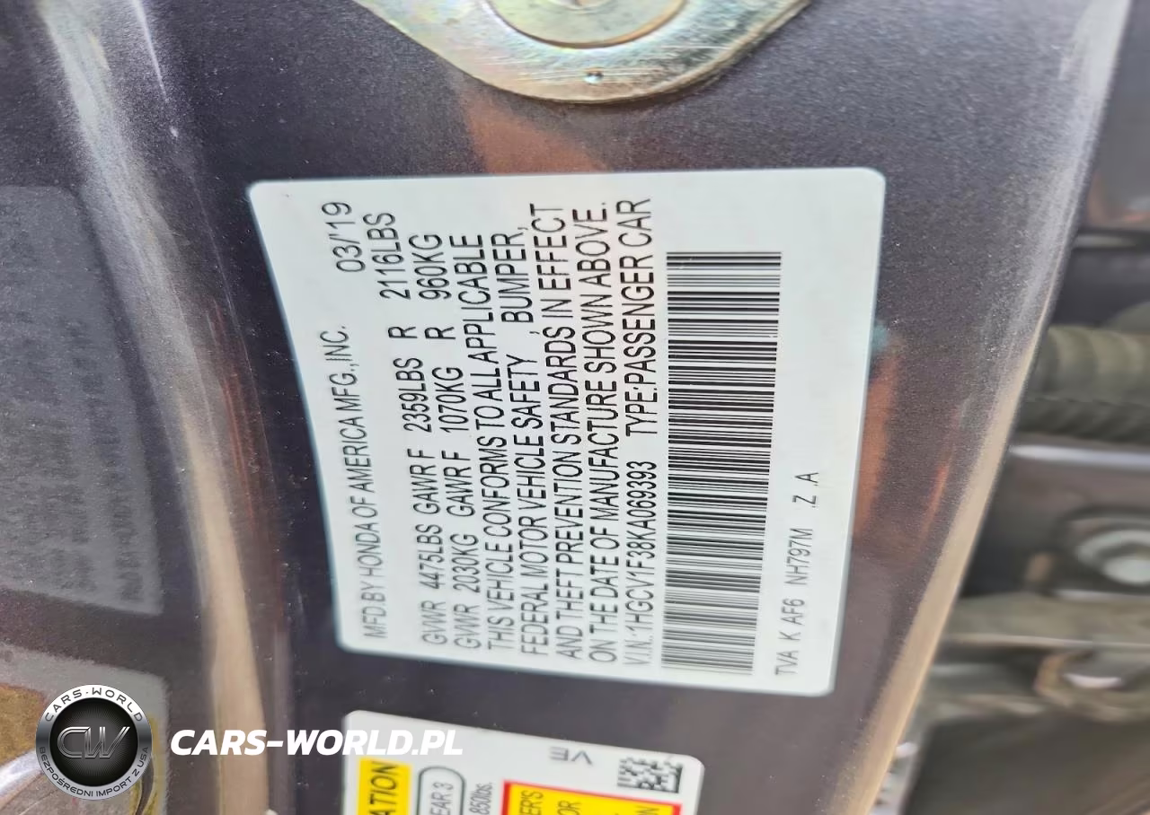 2019 Honda Accord Sport VIN:1HGCV1F38KA069393 - 13