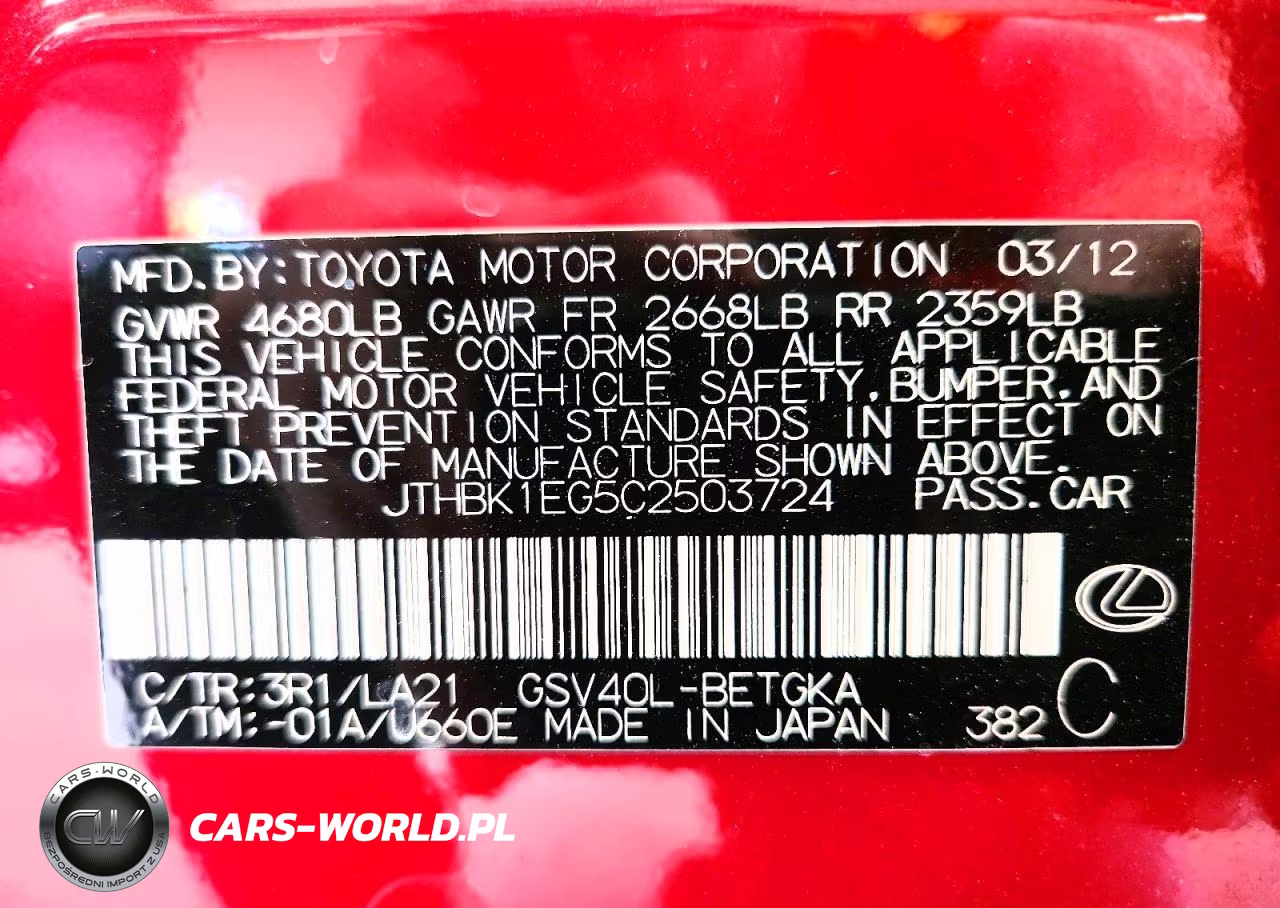 2012 Lexus Es 350 VIN:JTHBK1EG5C2503724 - 12