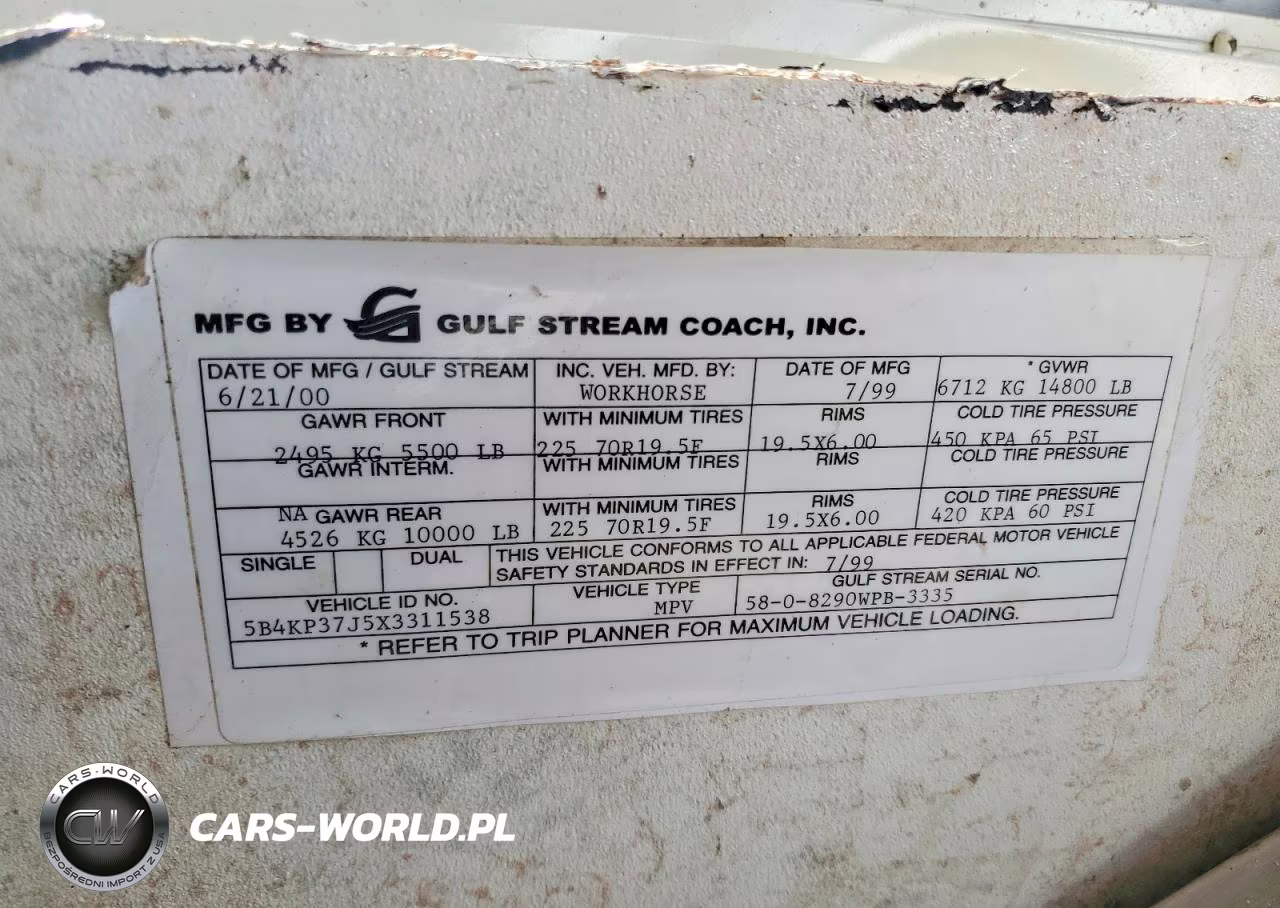 1999 Workhorse Custom Chassis Motorhome Chassis P3500 VIN:5B4KP37J5X3311538 - 10