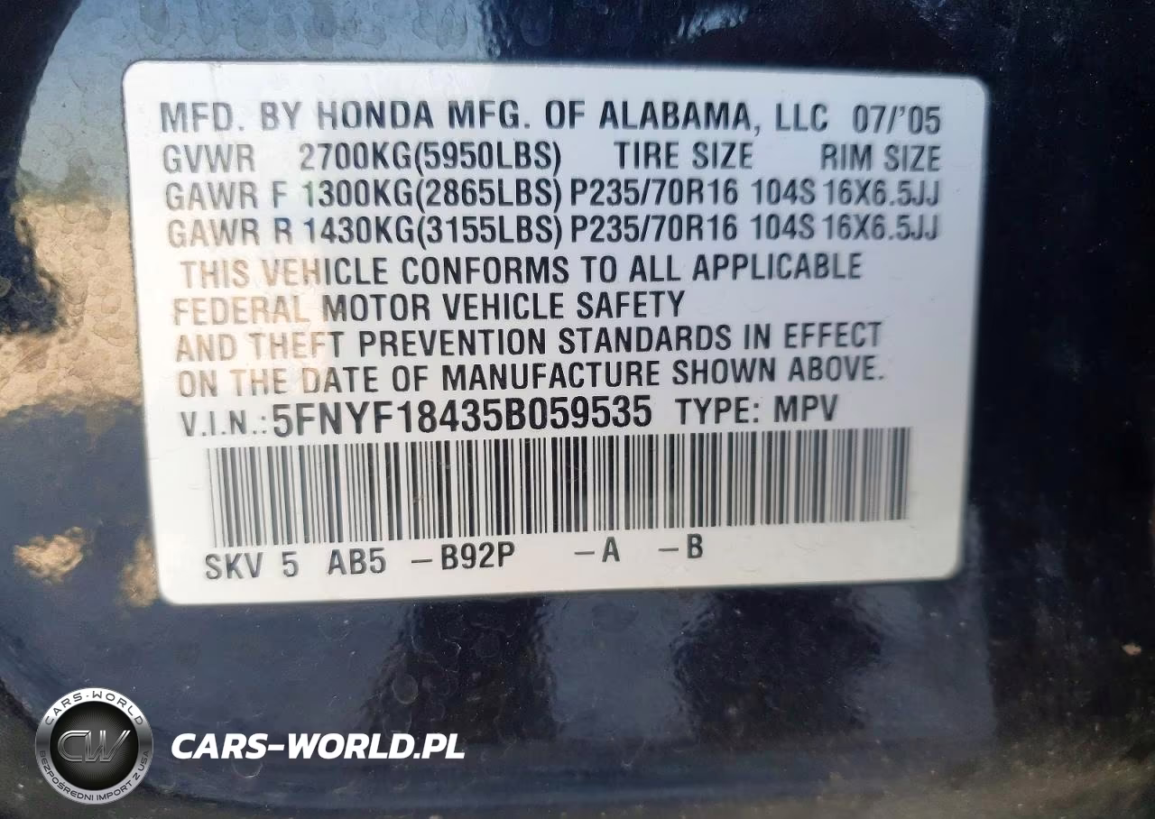 2005 Honda Pilot Ex VIN:5FNYF18435B059535 - 14