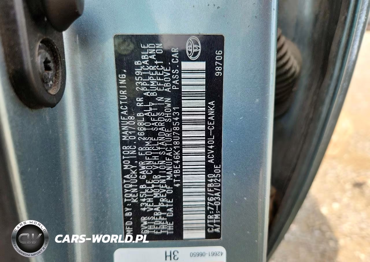 2008 Toyota Camry Le VIN:4T1BE46K18U785431 - 12