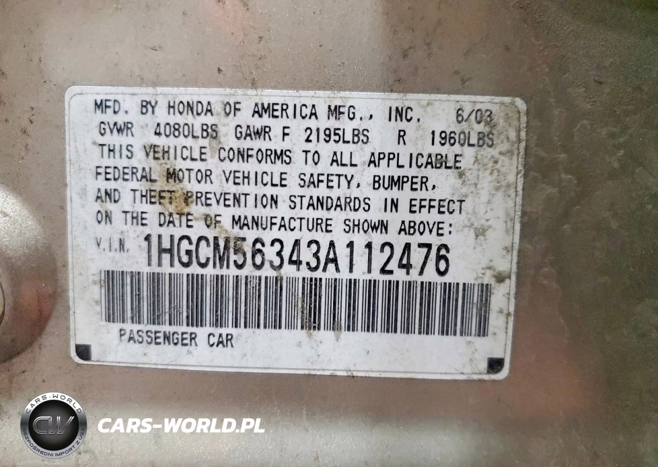 2003 Honda Accord Lx VIN:1HGCM56343A112476 - 13