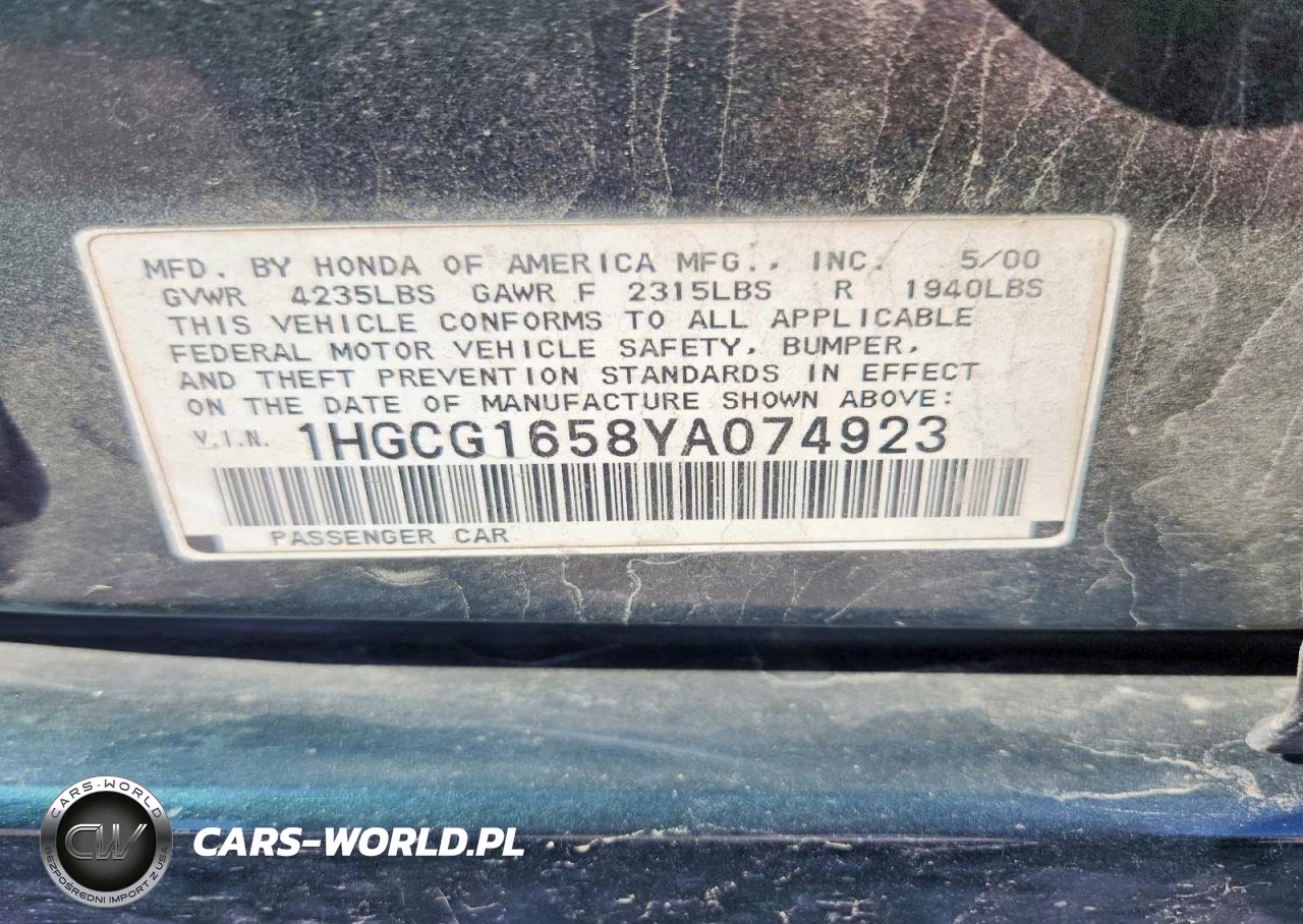 2000 Honda Accord Ex VIN:1HGCG1658YA074923 - 12