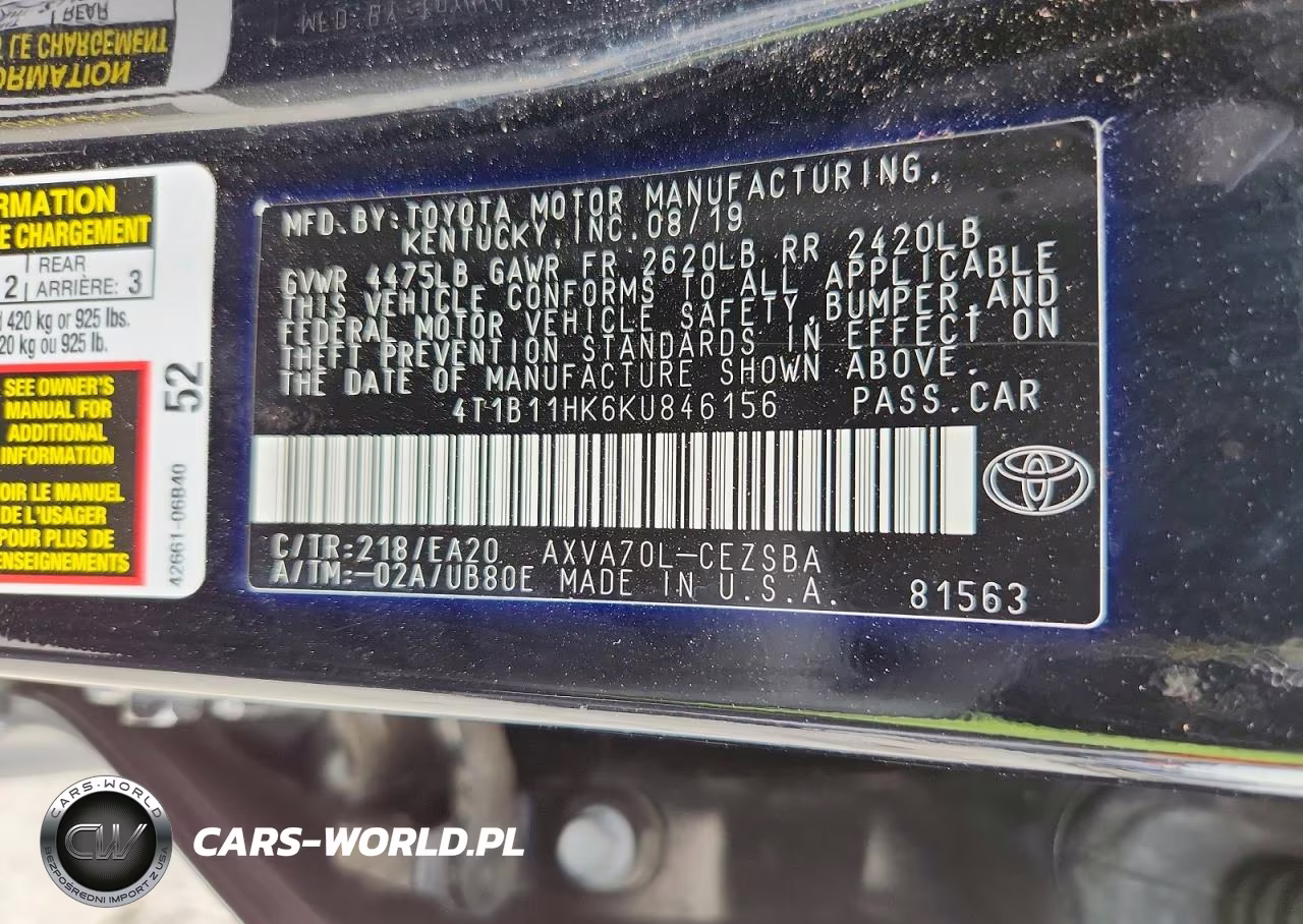 2019 Toyota Camry Se VIN:4T1B11HK6KU846156 - 12
