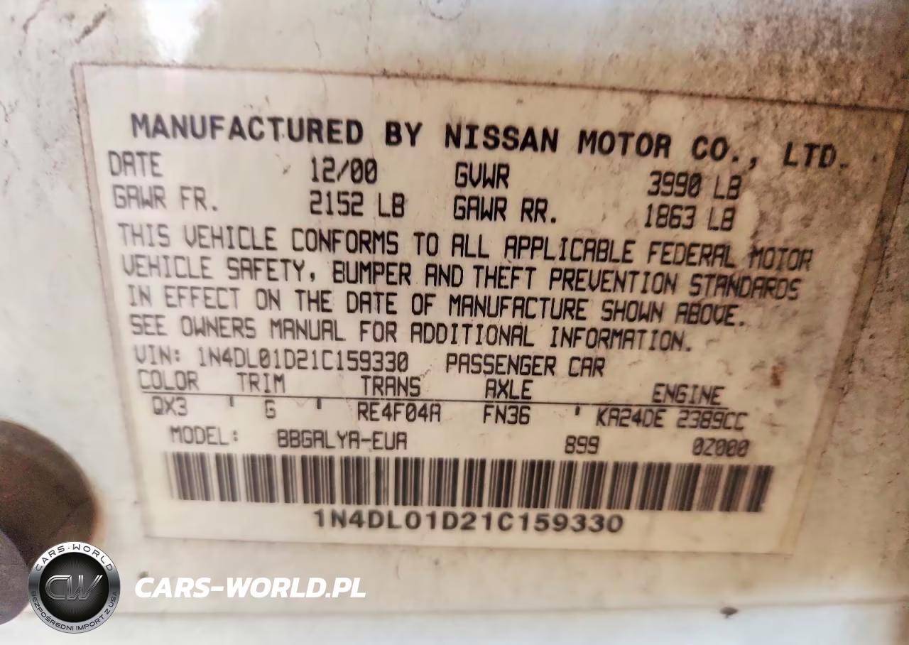 2001 Nissan Altima Xe VIN:1N4DL01D21C159330 - 12