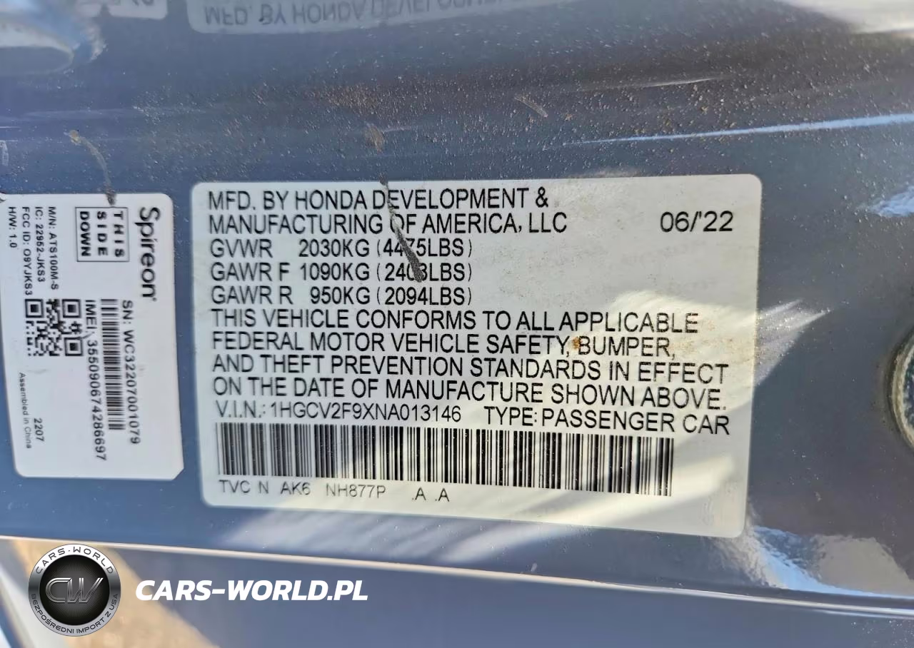 2022 Honda Accord Touring VIN:1HGCV2F9XNA013146 - 12