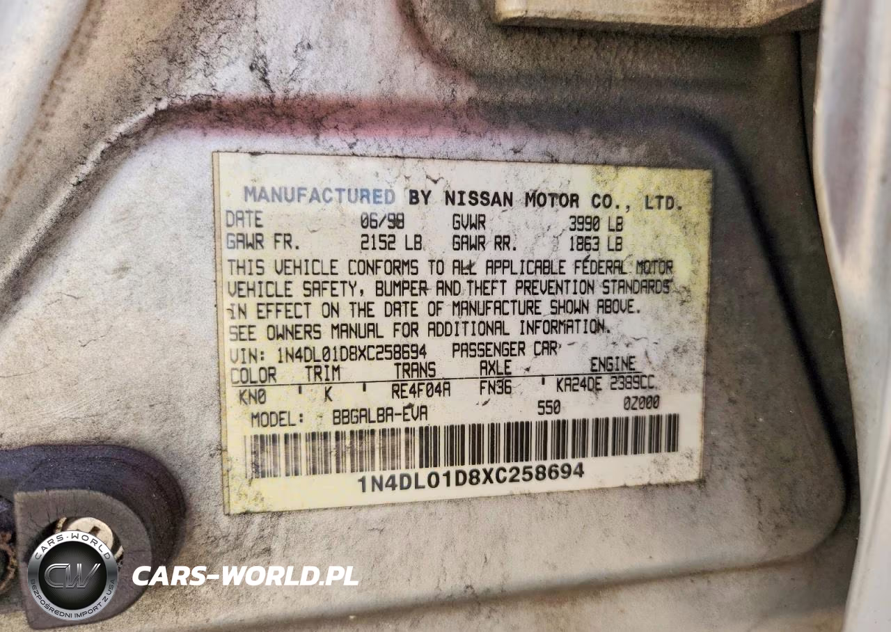 1999 Nissan Altima Xe VIN:1N4DL01D8XC258694 - 12