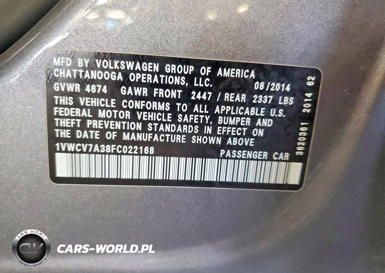 2015 Volkswagen Passat Sel VIN:1VWCV7A38FC022168 - 12