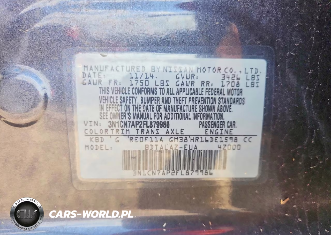 2015 Nissan Versa 1.6 S Plus VIN:3N1CN7AP2FL879986 - 12