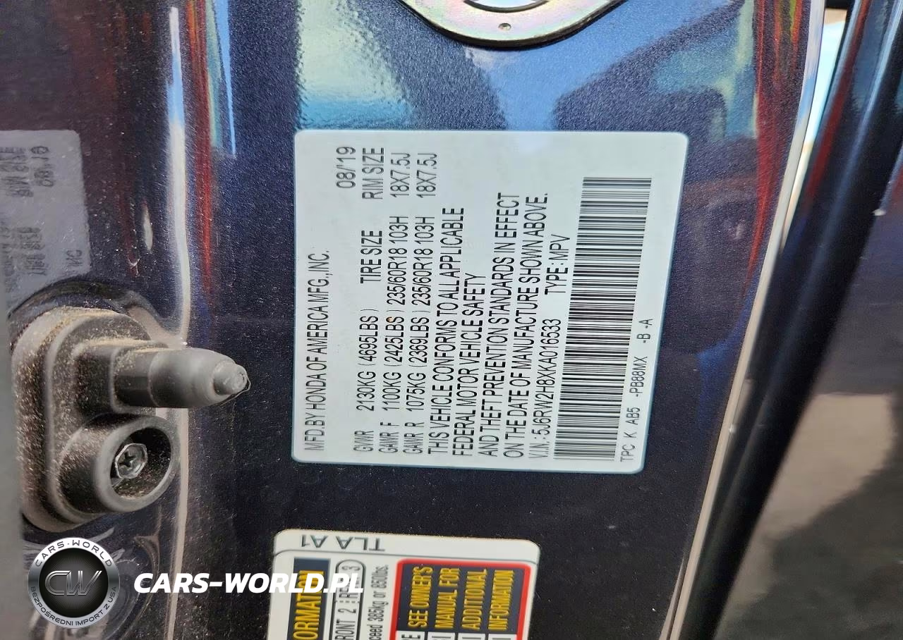 2019 Honda Cr-V Exl VIN:5J6RW2H8XKA016533 - 13