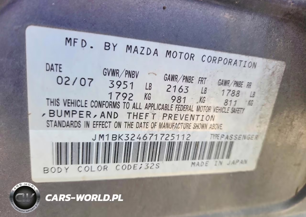 2007 Mazda 3 S VIN:JM1BK324671725112 - 12