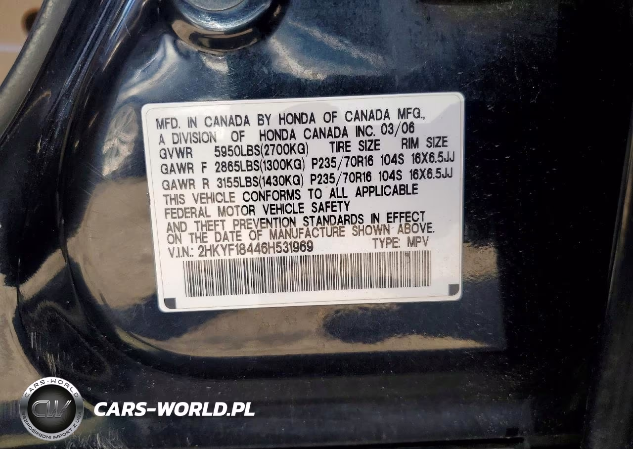 2006 Honda Pilot Ex VIN:2HKYF18446H531969 - 12