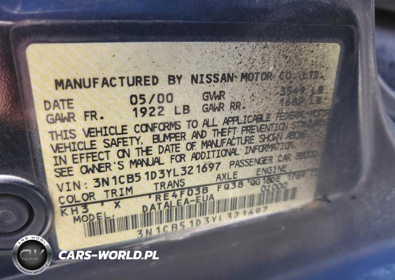 2000 Nissan Sentra Xe VIN:3N1CB51D3YL321697 - 12