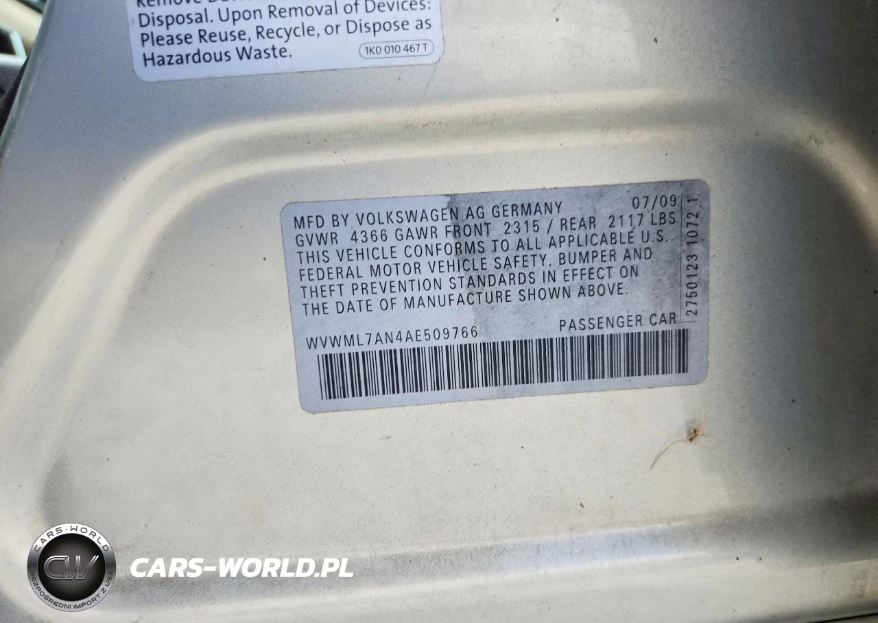2010 Volkswagen Cc Sport VIN:WVWML7AN4AE509766 - 12