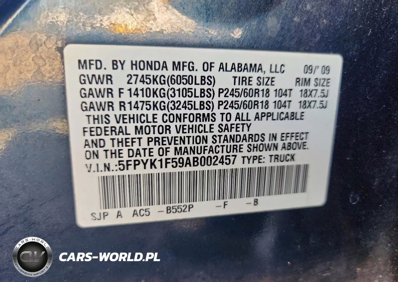 2010 Honda Ridgeline Rtl VIN:5FPYK1F59AB002457 - 12