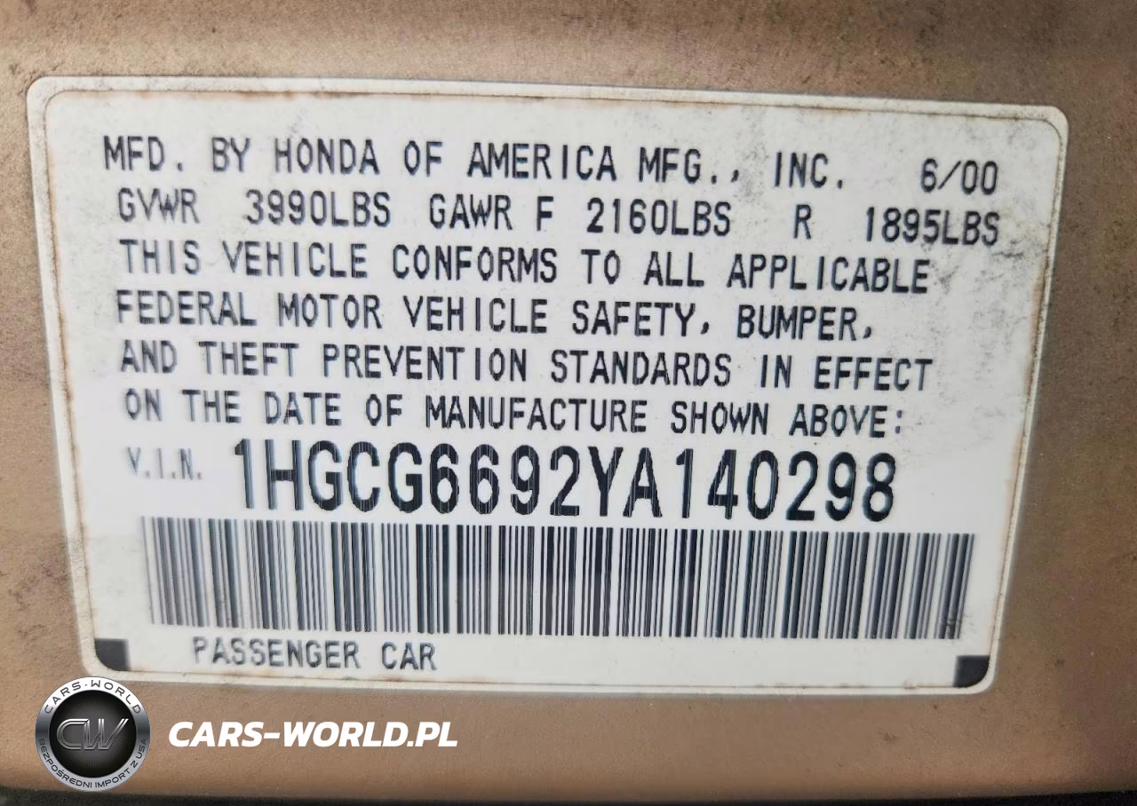 2000 Honda Accord Se VIN:1HGCG6692YA140298 - 12