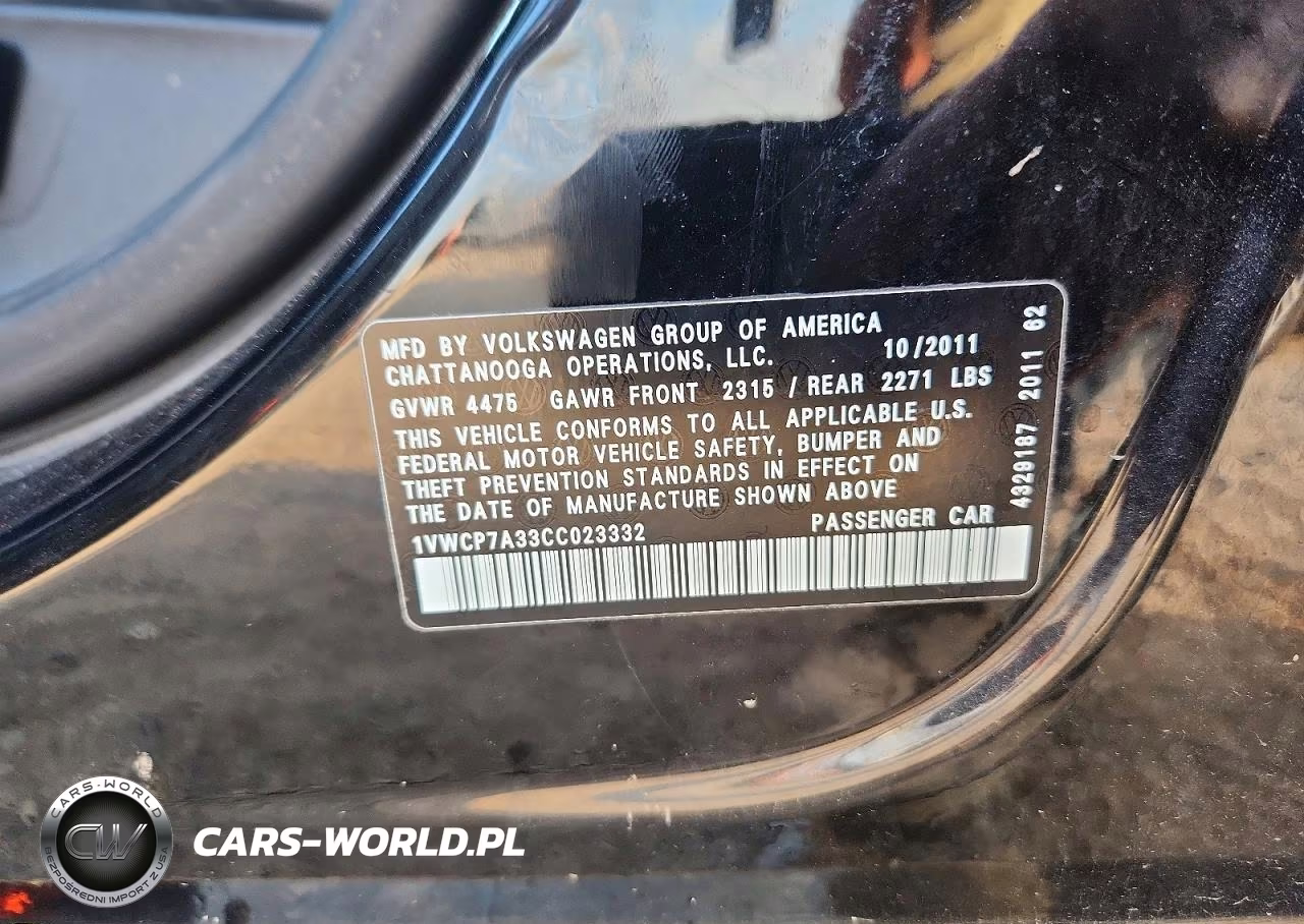 2012 Volkswagen Passat Sel VIN:1VWCP7A33CC023332 - 12