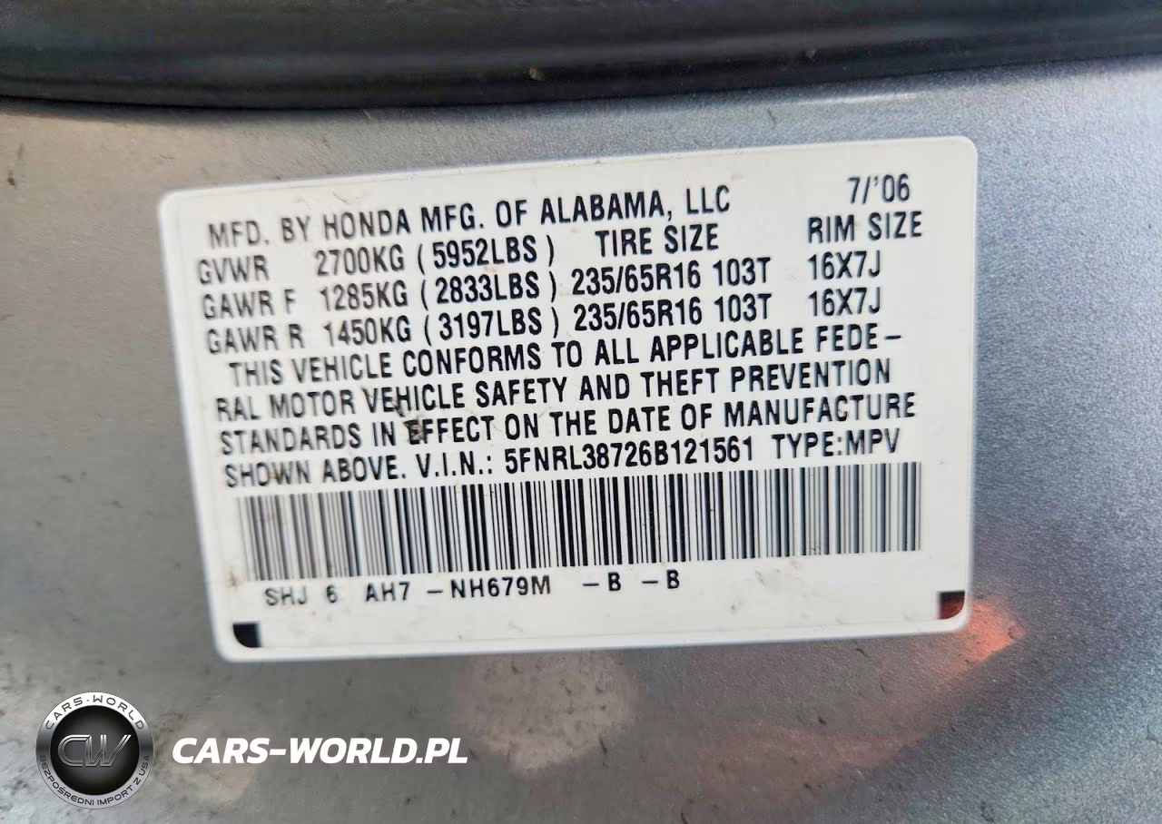 2006 Honda Odyssey Exl VIN:5FNRL38726B121561 - 13