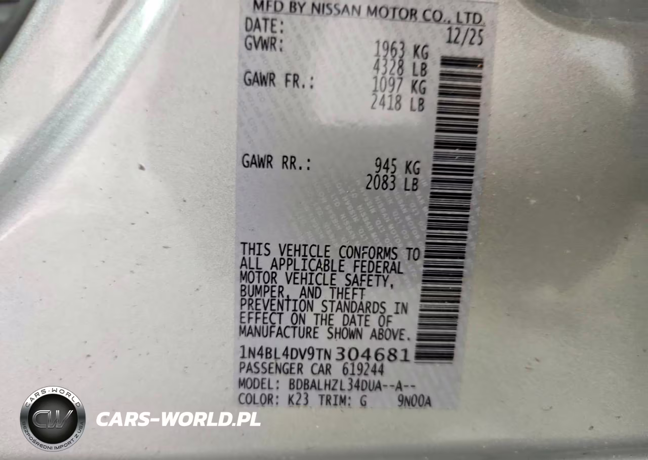 2026 Nissan Altima Sv VIN:1N4BL4DV9TN304681 - 12