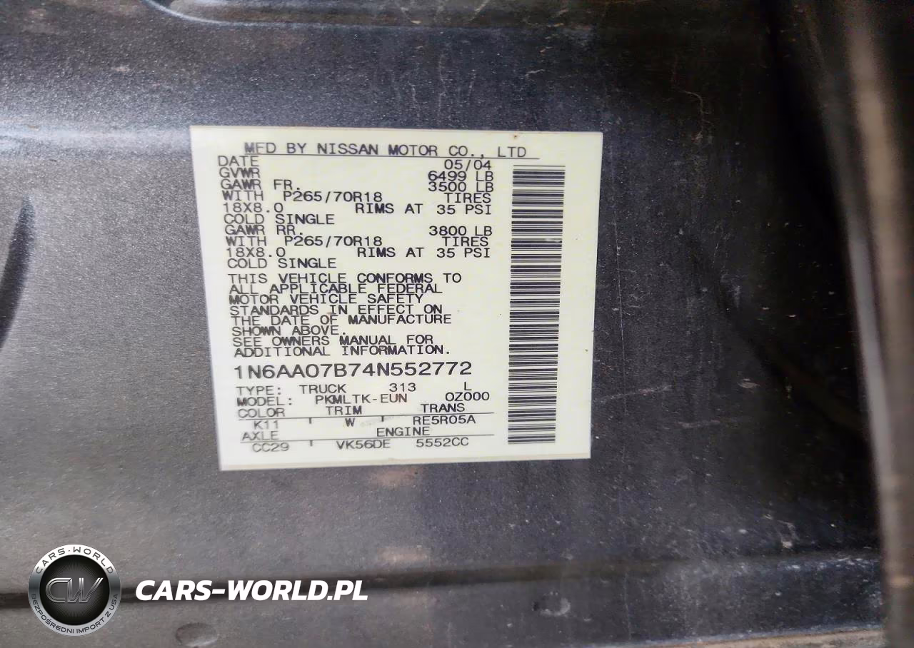 2004 Nissan Titan Xe VIN:1N6AA07B74N552772 - 12