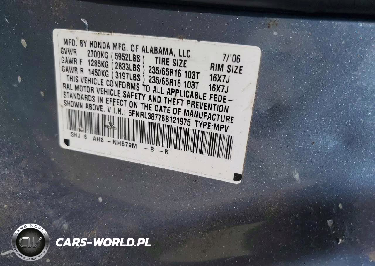 2006 Honda Odyssey Exl VIN:5FNRL38776B121975 - 13