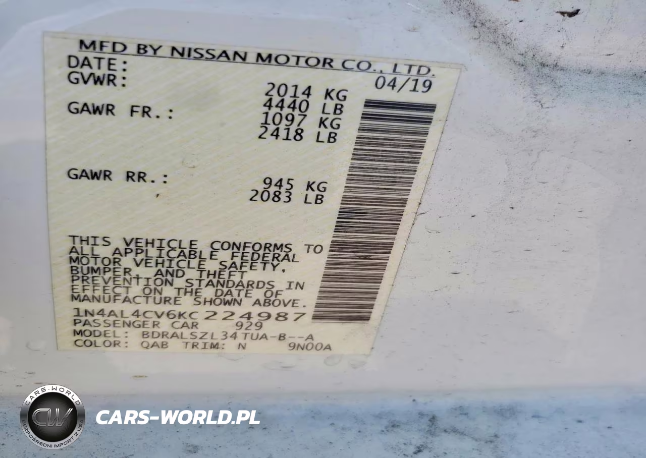 2019 Nissan Altima Sr VIN:1N4AL4CV6KC224987 - 12