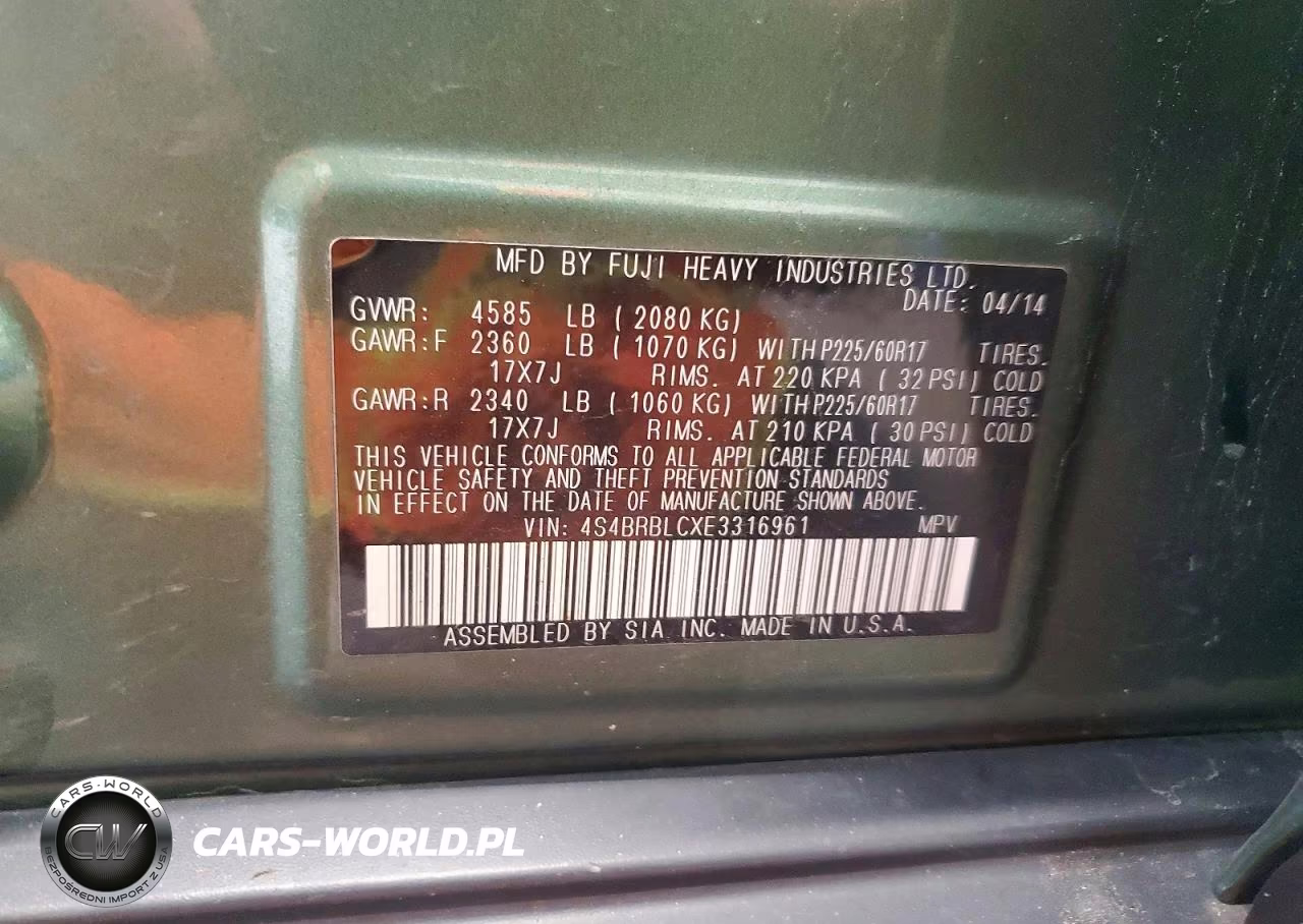 2014 Subaru Outback 2.5I Limited VIN:4S4BRBLCXE3316961 - 13