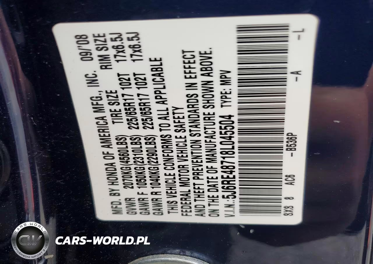 2008 Honda Cr-V Exl VIN:5J6RE48718L045504 - 13