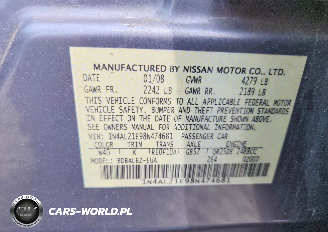 2008 Nissan Altima 2.5 VIN:1N4AL21E98N474681 - 12