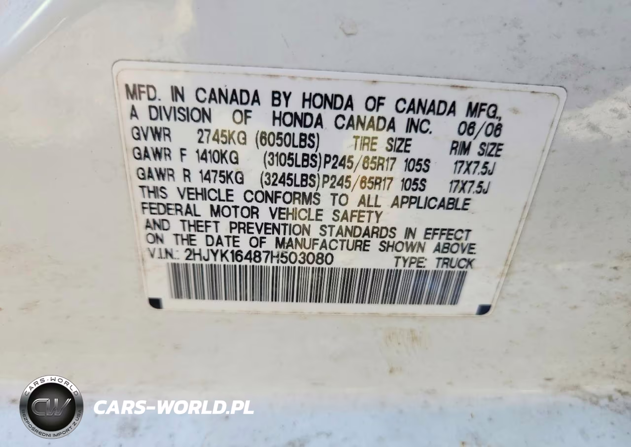 2007 Honda Ridgeline Rts VIN:2HJYK16487H503080 - 12