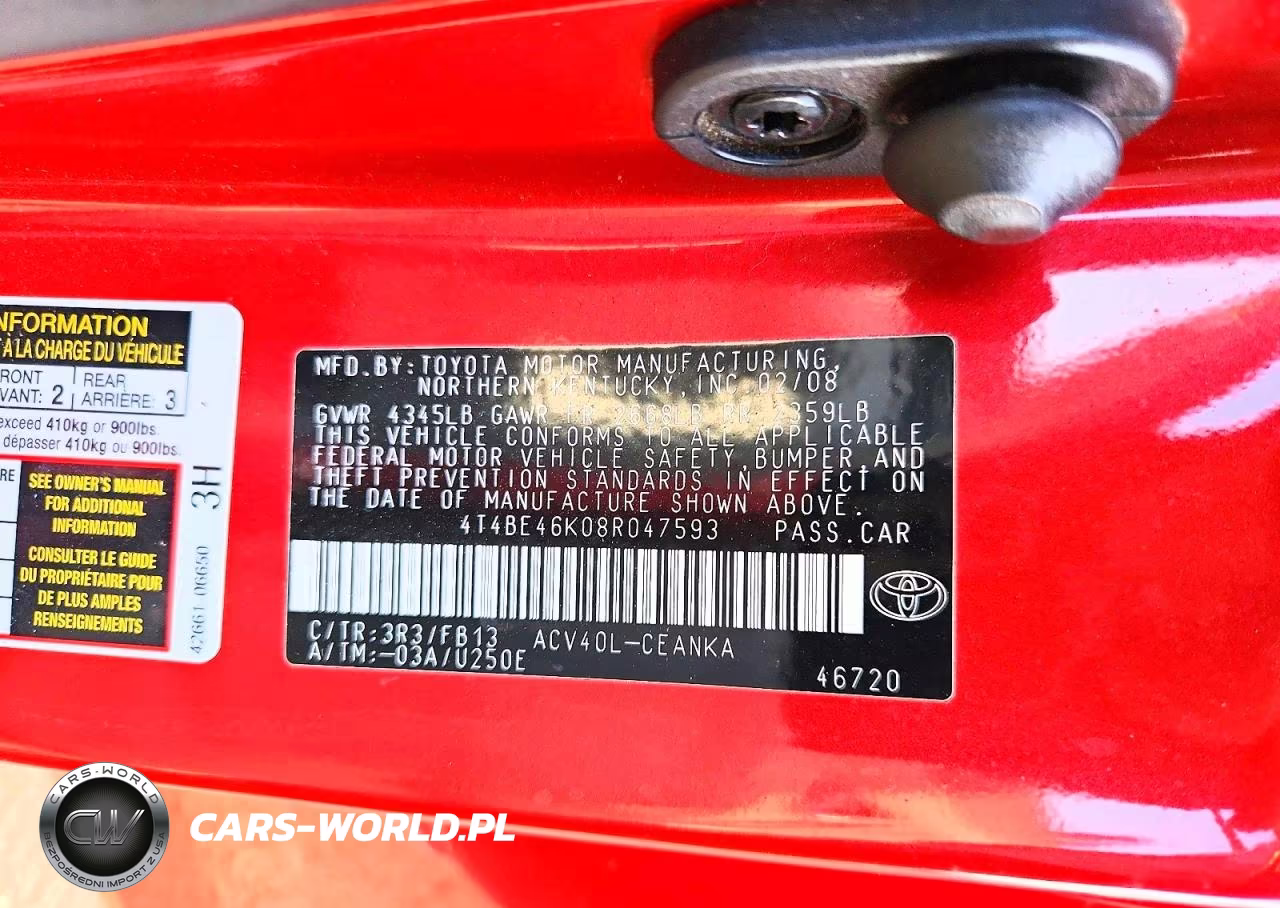 2008 Toyota Camry Le VIN:4T4BE46K08R047593 - 12