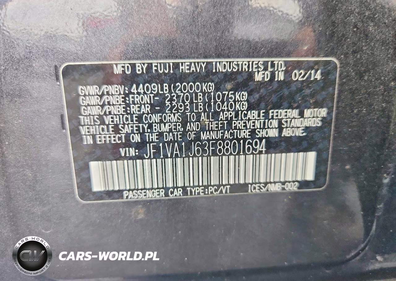 2015 Subaru Wrx Limited VIN:JF1VA1J63F8801694 - 12