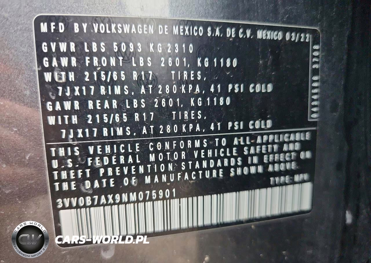 2022 Volkswagen Tiguan S VIN:3VV0B7AX9NM075901 - 12