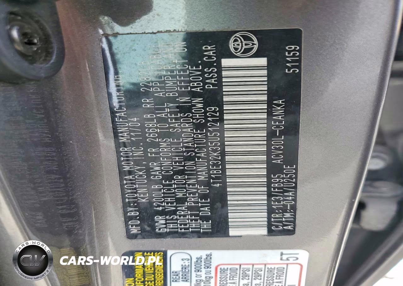 2005 Toyota Camry Standard VIN:4T1BE32K35U512129 - 12