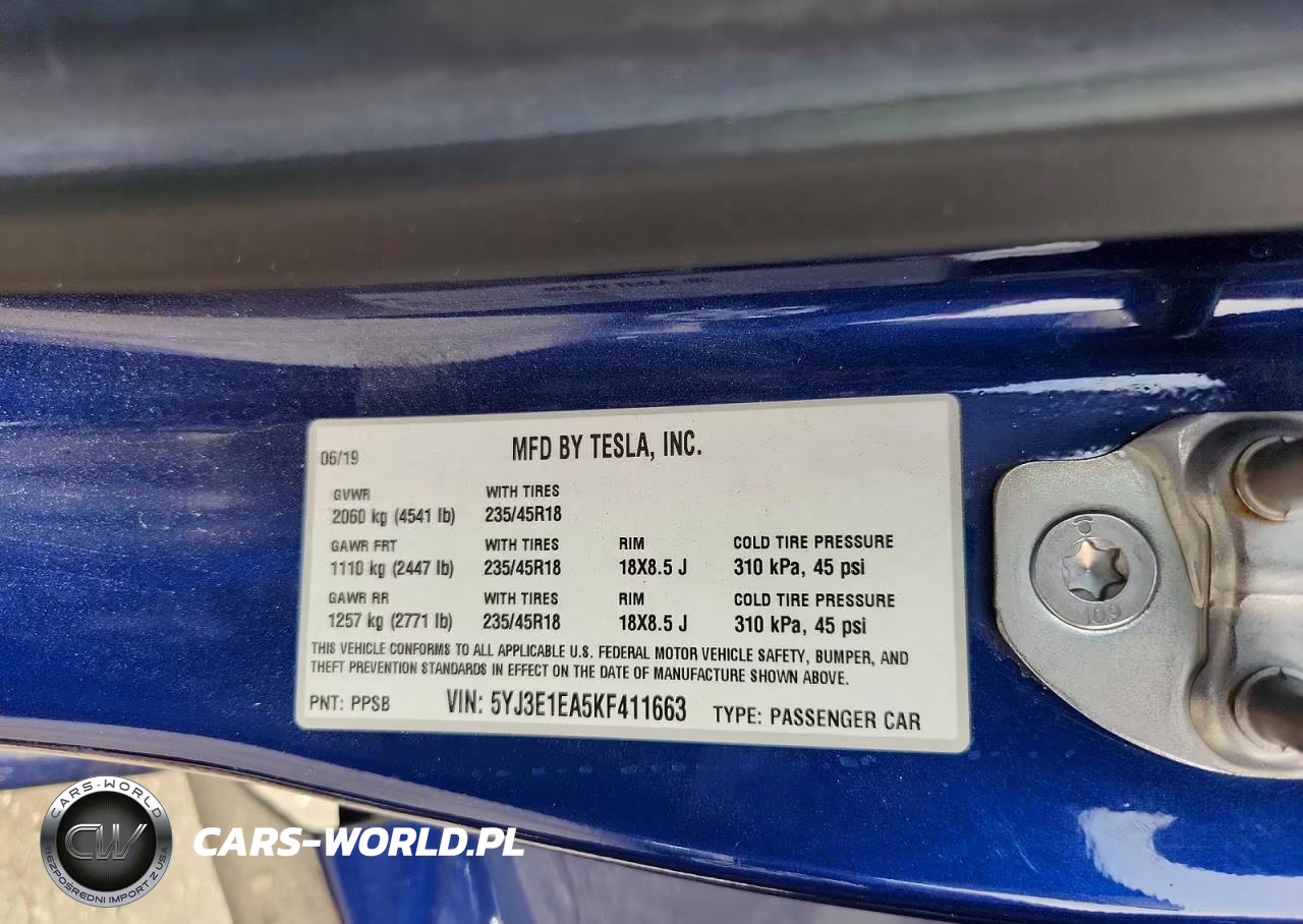 2019 Tesla Model 3 VIN:5YJ3E1EA5KF411663 - 12