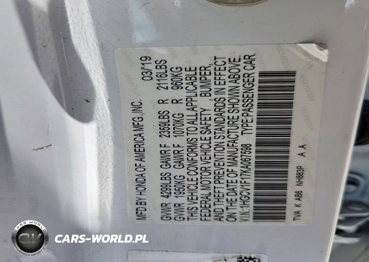 2019 Honda Accord Lx VIN:1HGCV1F17KA067598 - 12