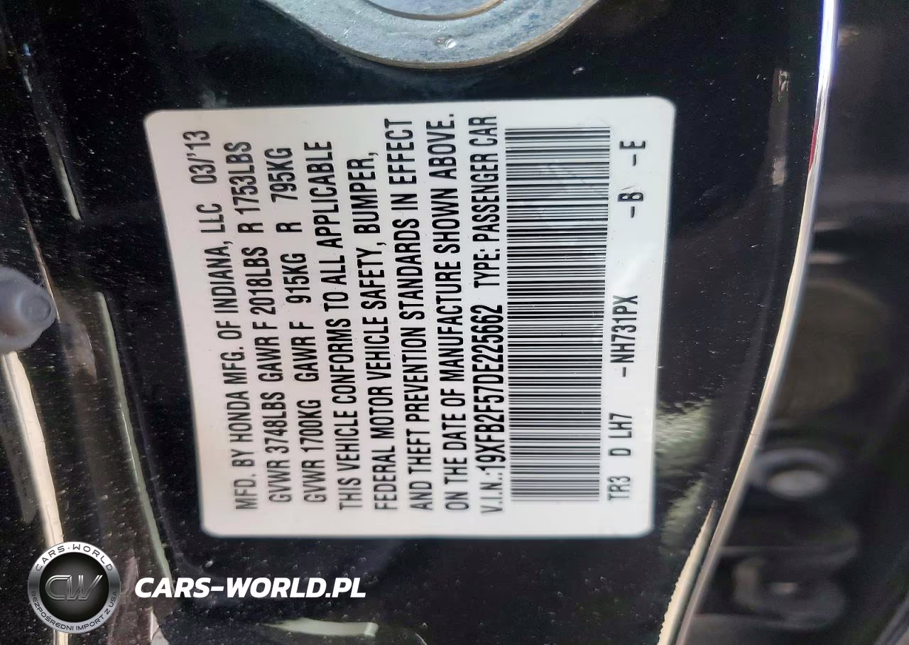 2013 Honda Civic Lx VIN:19XFB2F57DE225662 - 12