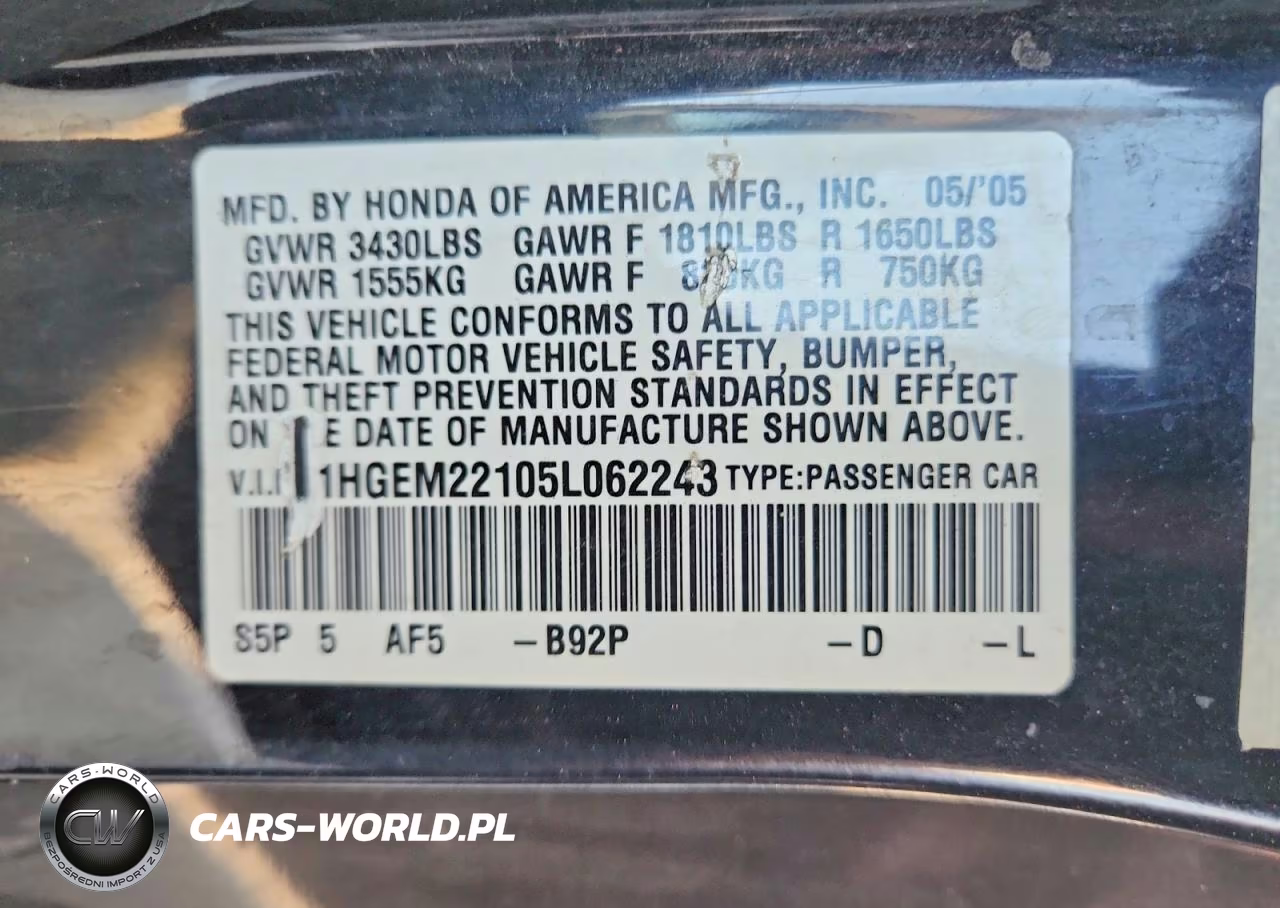 2005 Honda Civic Dx Vp VIN:1HGEM22105L062243 - 12