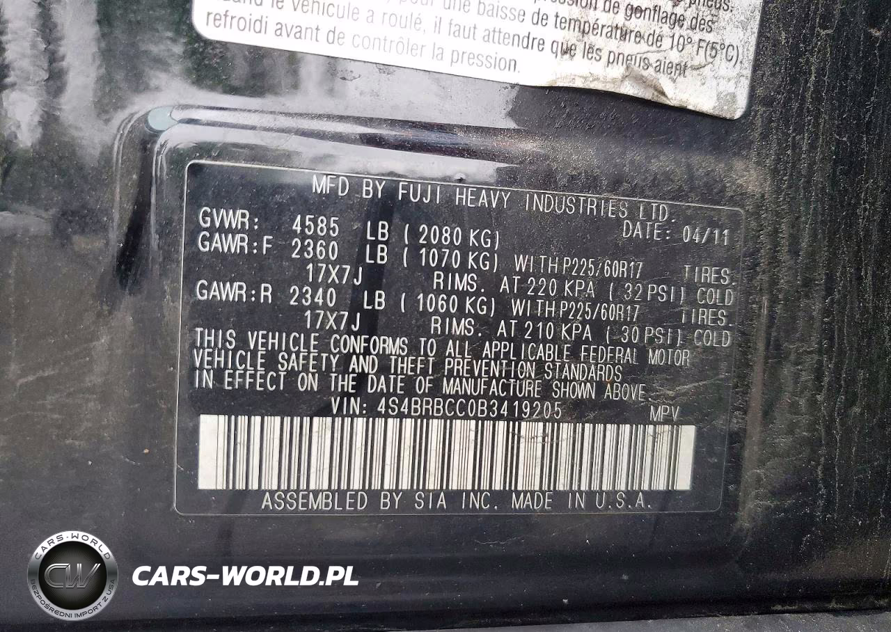 2011 Subaru Outback 2.5I Premium VIN:4S4BRBCC0B3419205 - 12