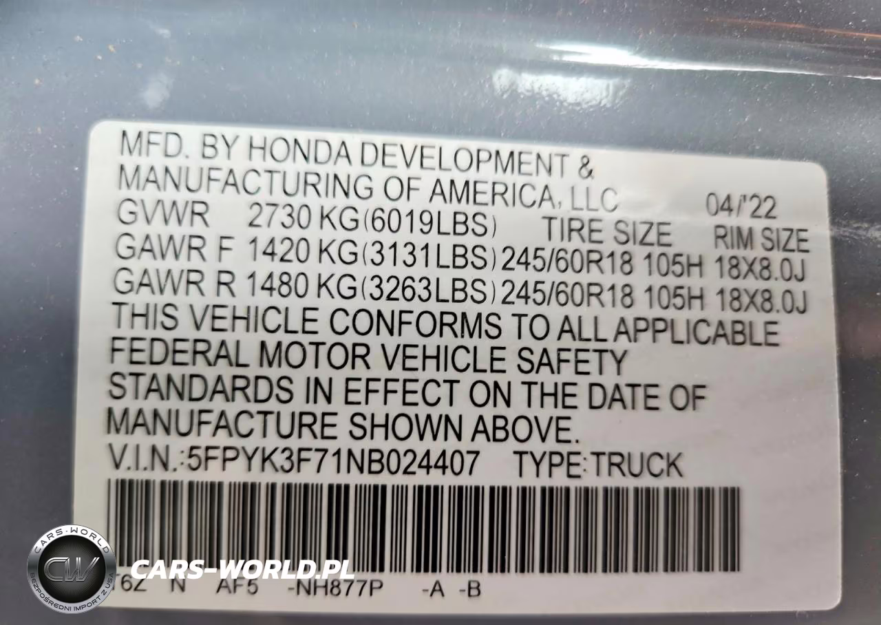 2022 Honda Ridgeline Rtl VIN:5FPYK3F71NB024407 - 12