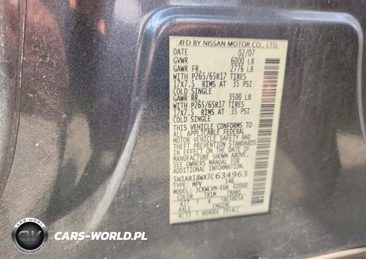 2007 Nissan Pathfinder S VIN:5N1AR18WX7C634963 - 13