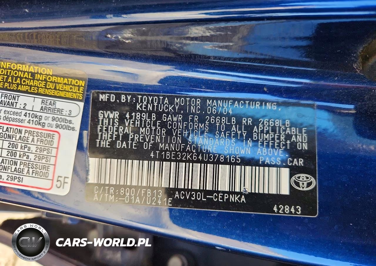 2004 Toyota Camry Le VIN:4T1BE32K64U378165 - 12