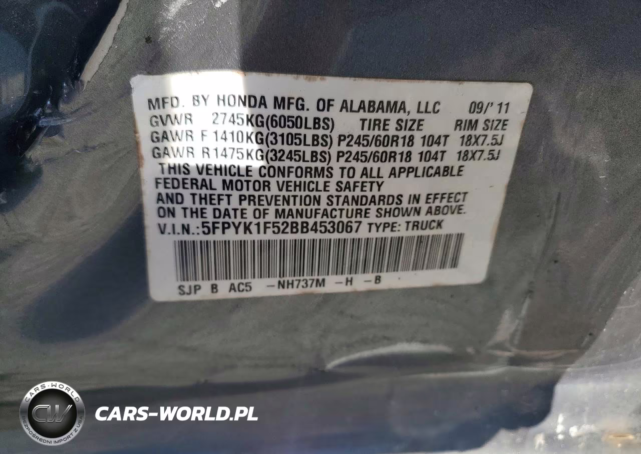 2011 Honda Ridgeline Rtl VIN:5FPYK1F52BB453067 - 12