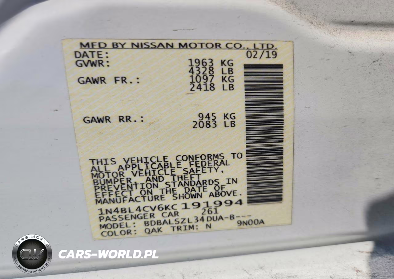 2019 Nissan Altima Sr VIN:1N4BL4CV6KC191994 - 13