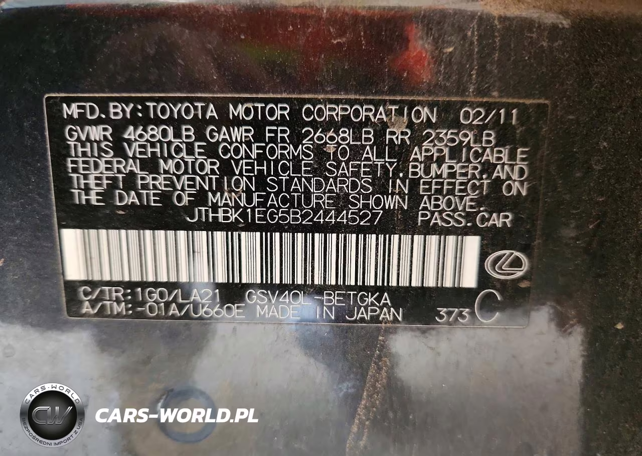 2011 Lexus Es 350 VIN:JTHBK1EG5B2444527 - 12