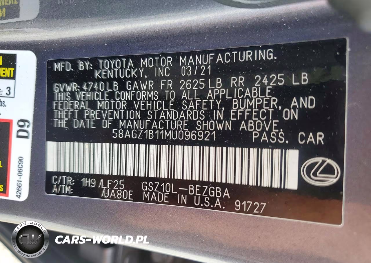 2021 Lexus Es 350 F Sport VIN:58AGZ1B11MU096921 - 13
