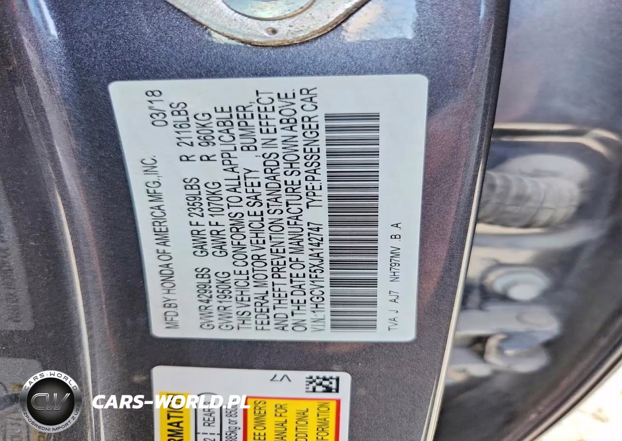 2018 Honda Accord Exl VIN:1HGCV1F5XJA142747 - 12